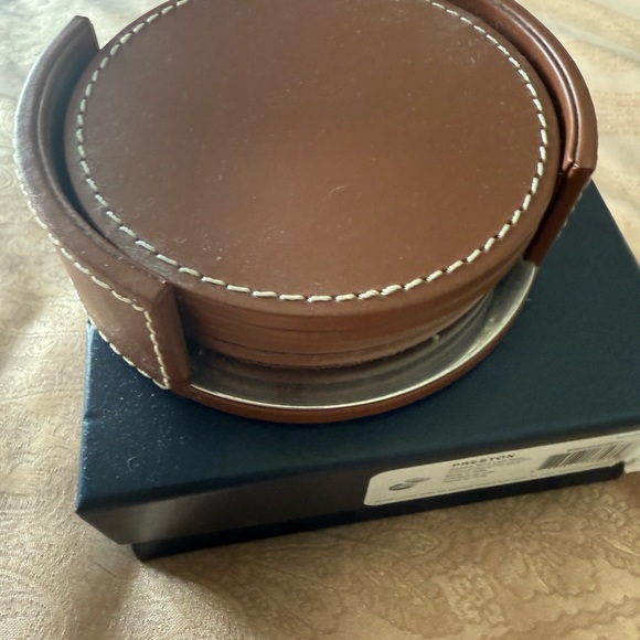 Ralph Lauren Brown Leather Coaster Set with Holder - Picture 3 of 7